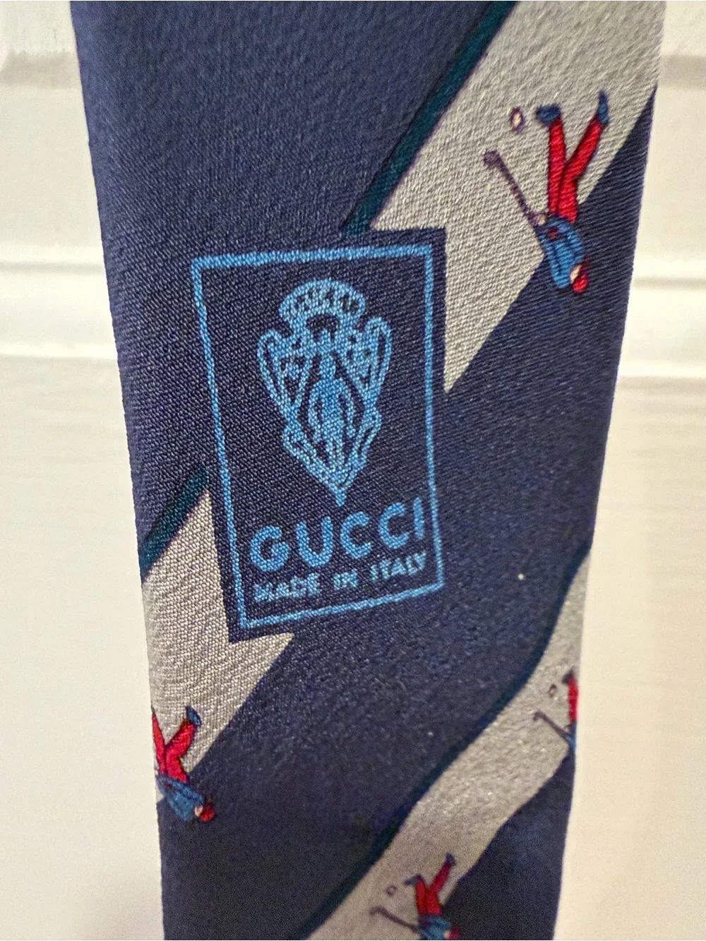 Vintage Gucci Navy Gray Striped Silk Tie featuring novelty Golf Motifs Necktie